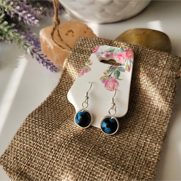 Blue Round Agate Stone Earrings, Silver-Plated Wire Wrapped Dangle Earrings - Picture 7 of 10